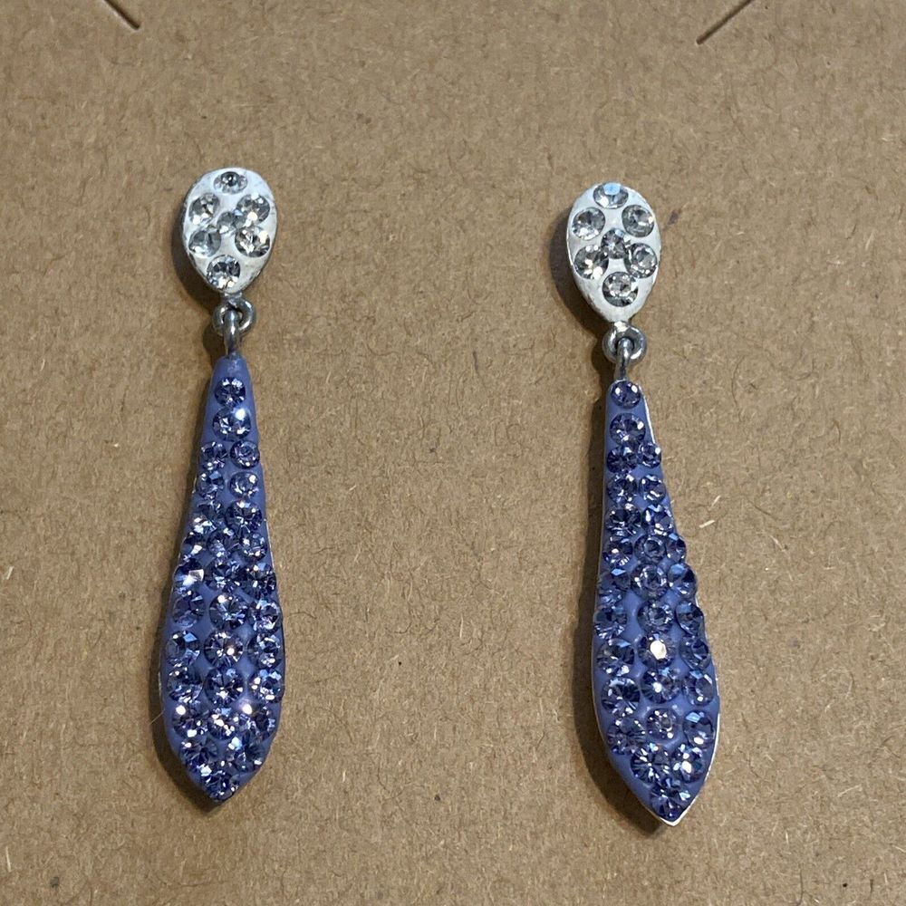 Sterling Silver Drop Dangle EARRINGS vtg Purple White Crystal 1.4" Art Deco tear